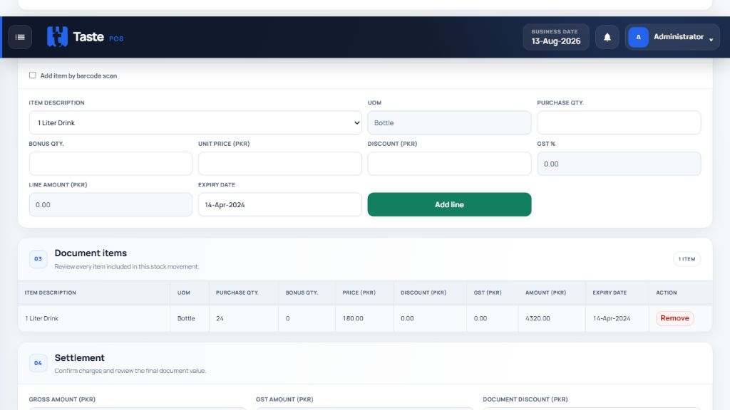 Taste POS stock register with purchasing, quantities and PKR settlement controls